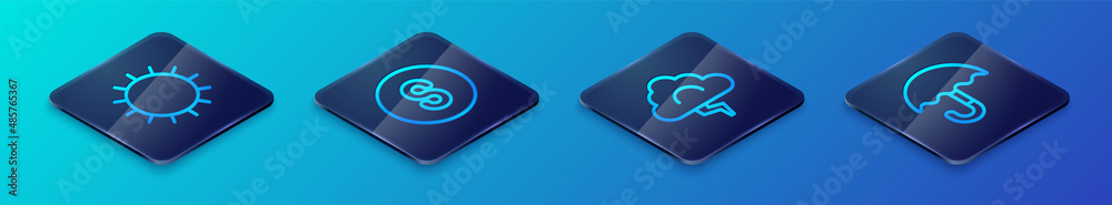Set Isometric line Cloud and lightning, Sun, Umbrella and Compass south icon. Vector Set Isometric line Cloud and lightning, Sun, Umbrella and Compass south icon. Vector