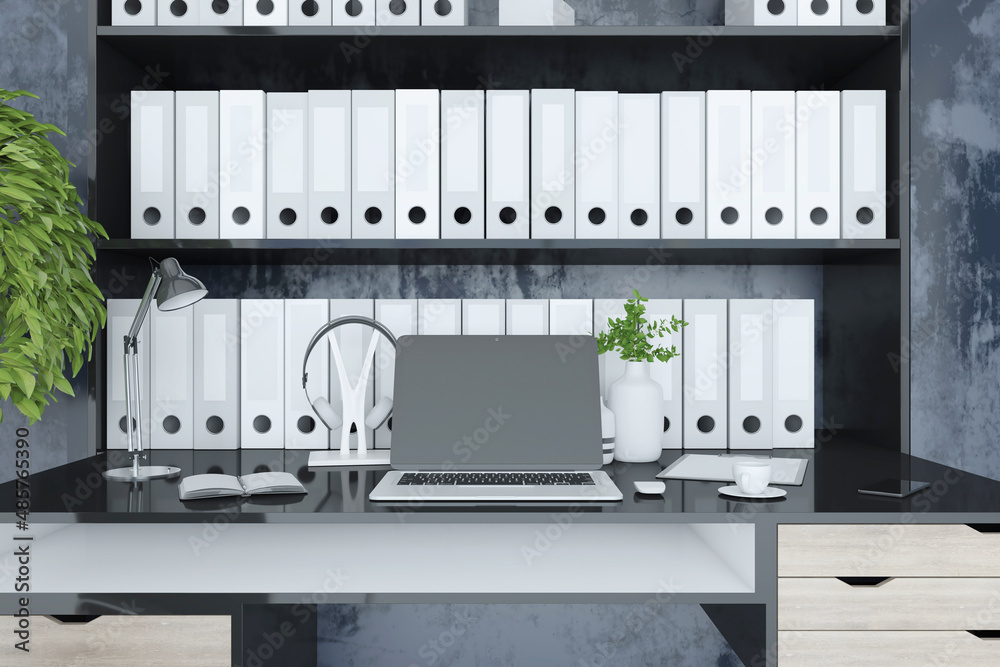 Close up of modern designer desktop with folders bookcase, empty laptop screen, coffee cup, decorative plant and other items. Mock up, 3D Rendering.