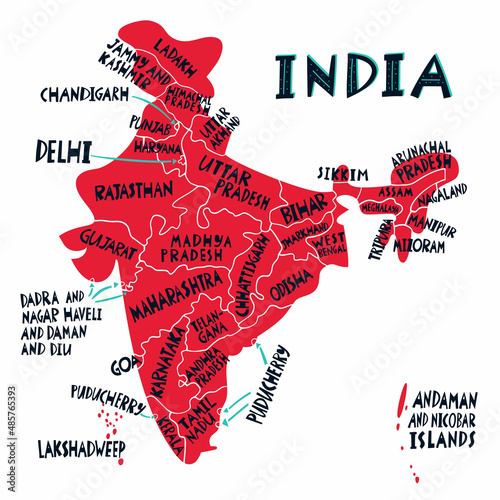 Vector hand drawn stylized map of Indian states and territories. Travel illustration. Republic of India geography illustration. Asia map element