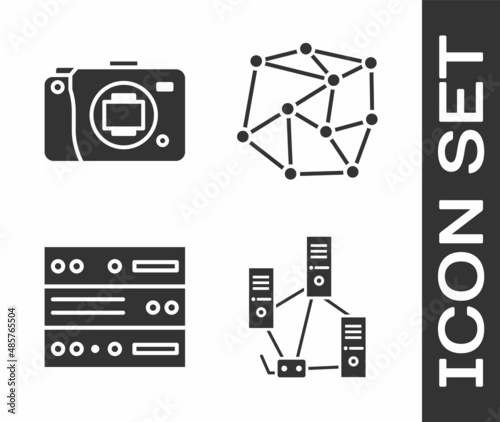 Set Computer network, Mirrorless camera, Server, Data, Web Hosting and Neural network icon. Vector