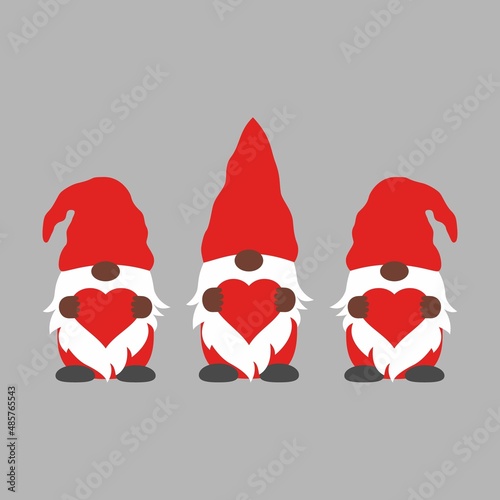 Valentine gnomes holding hearts. Cute three dwarf with beards and hats. Vector illustration with characters for valentine s day. Scandinavian gnomes in cartoon style. African American Black Gnome