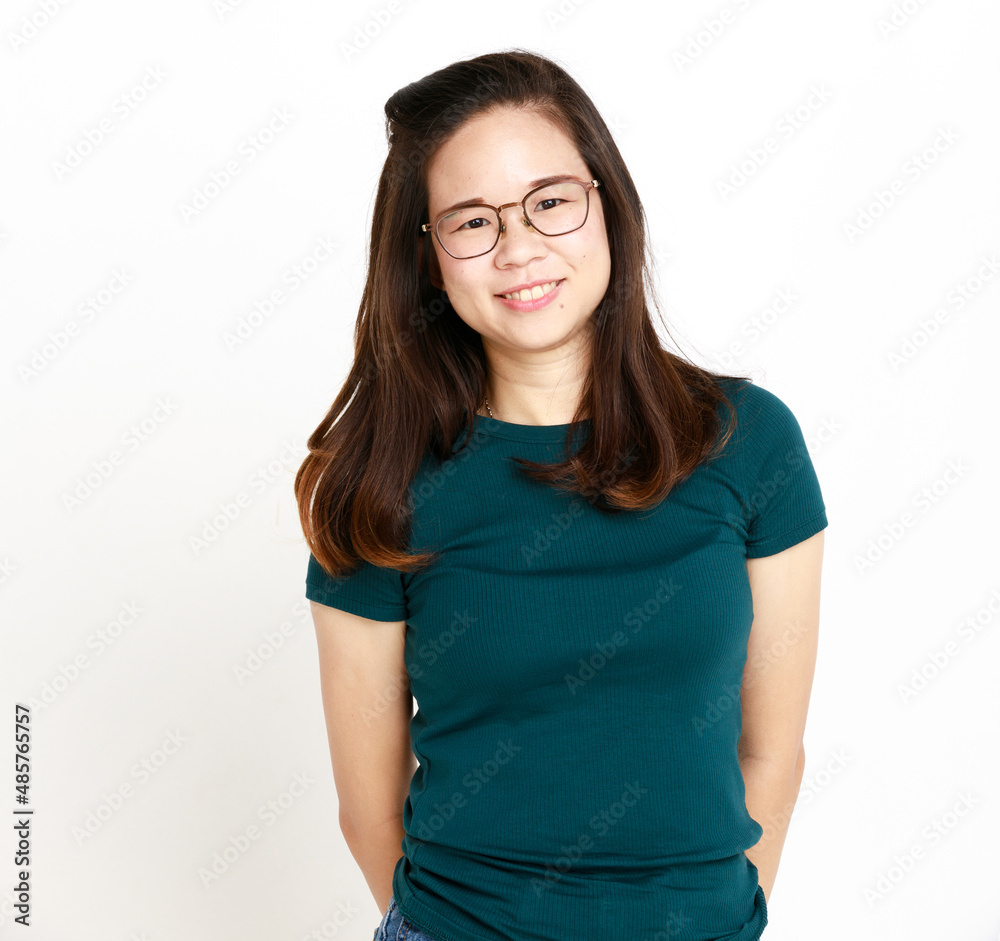 Portrait studio isolated cutout shot of Asian young happy female housewife model in casual t-shirt and denim jeans shorts with optical eyeglasses standing smiling look at camera on white background Portrait studio isolated cutout shot of Asian young happy female housewife model in casual t-shirt and denim jeans shorts with optical eyeglasses standing smiling look at camera on white background