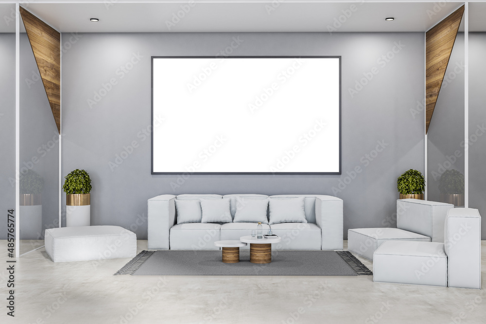 Waiting area in modern office with blank mock up poster, couch and decorative items. 3D Rendering. Waiting area in modern office with blank mock up poster, couch and decorative items. 3D Rendering.