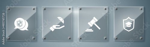 Set Graduation cap with shield, Judge gavel, Umbrella in hand and Location. Square glass panels. Vector