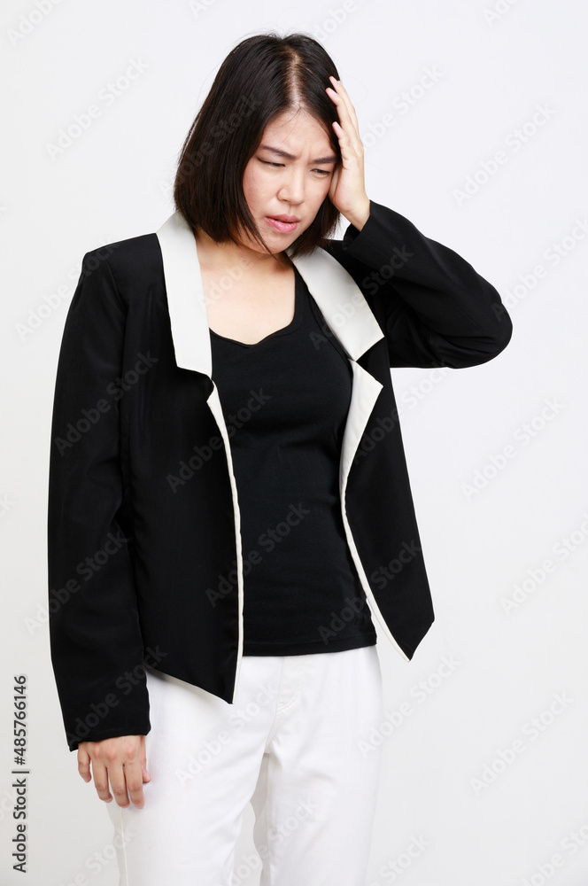Portrait studio isolated cutout closeup shot of Asian young angry stressed depressed female businesswoman in formal wears with optical eyeglasses standing holding hands on head on white background Portrait studio isolated cutout closeup shot of Asian young angry stressed depressed female businesswoman in formal wears with optical eyeglasses standing holding hands on head on white background