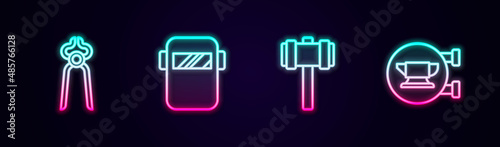 Set line Blacksmith pliers tool, Welding mask, Sledgehammer and anvil. Glowing neon icon. Vector