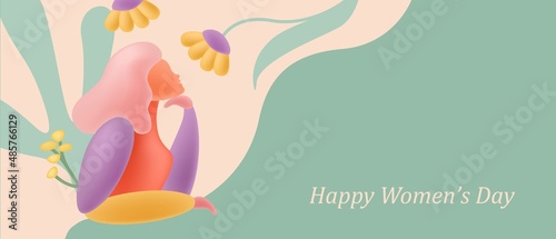 8 march card. Woman in garden with flowers.