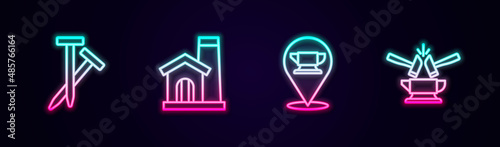 Set line Metallic nails, Smithy workshop interior, Blacksmith anvil tool and Anvil and hammer. Glowing neon icon. Vector