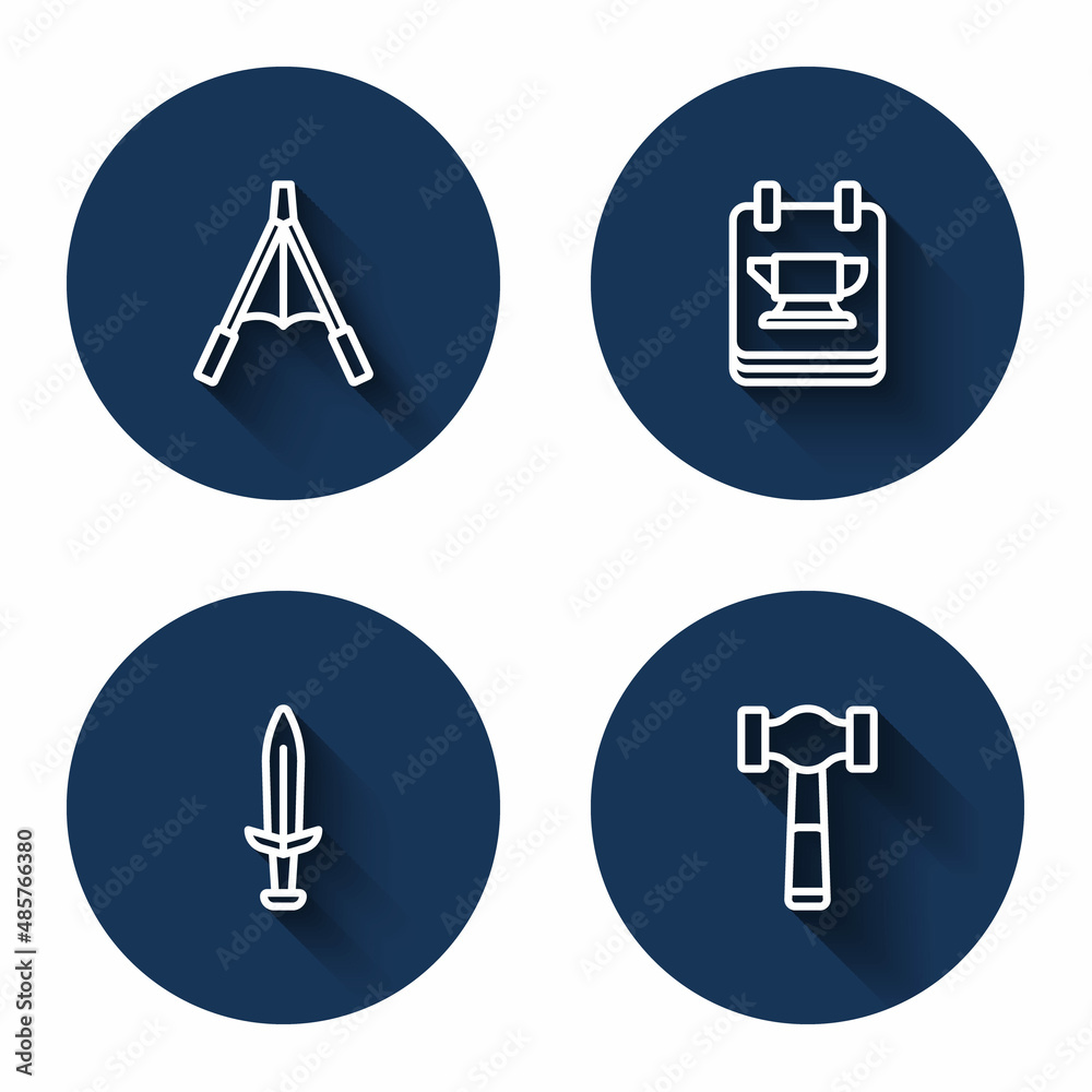Set line Air blower bellows, Blacksmith anvil tool, Medieval sword and Hammer with long shadow. Blue circle button. Vector Set line Air blower bellows, Blacksmith anvil tool, Medieval sword and Hammer with long shadow. Blue circle button. Vector