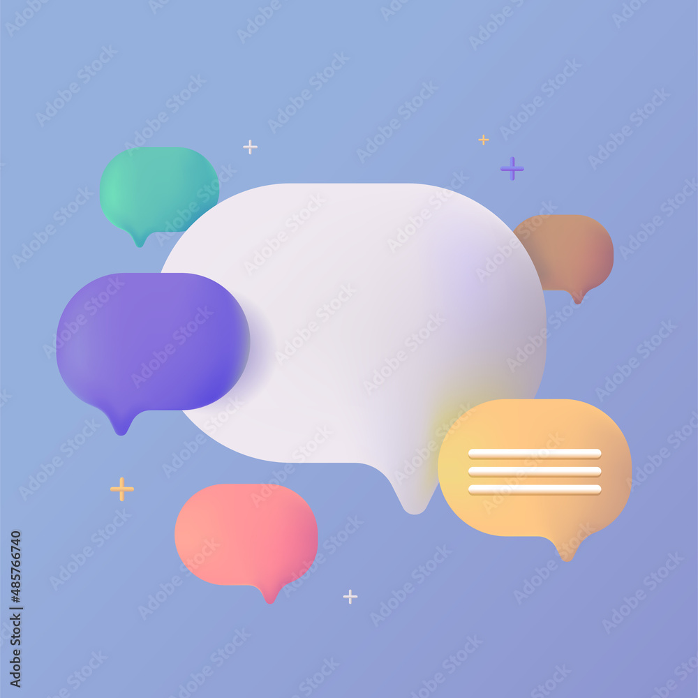 Text cloud template for website. Comments, likes and reviews for the browser. Realistic 3d banner. Pastel gentle colors on a blue background. Creative concept design in cartoon style.