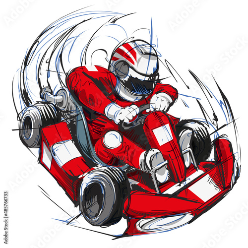 Go-kart driver with red uniform going really fast. Red go-kart at max speed. Driving and racing sport illustration concept. photo