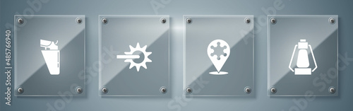 Set Camping lantern, Hexagram sheriff, Spur and Revolver gun holster. Square glass panels. Vector