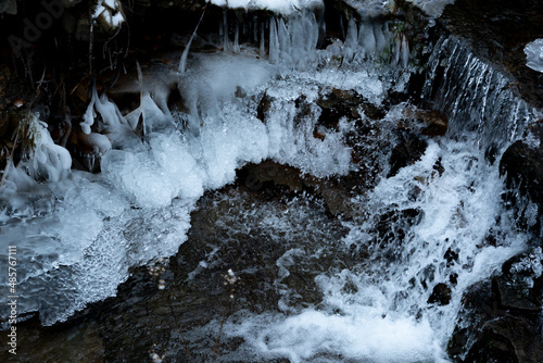 Wistula, Barania Góra, Beskidy, Poland. Waterfall, cascades, icicles, ice, winter.