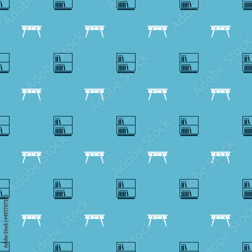 Set Library bookshelf and Office desk on seamless pattern. Vector