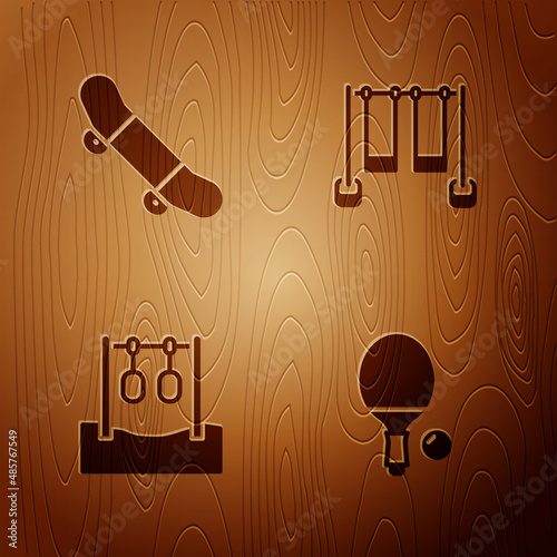 Set Racket and ball, Skateboard trick, Gymnastic rings and Double swing on wooden background. Vector