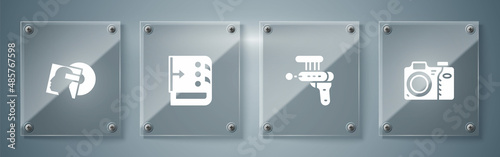 Set Photo camera, Ray gun, Sound mixer controller and Vinyl disk. Square glass panels. Vector