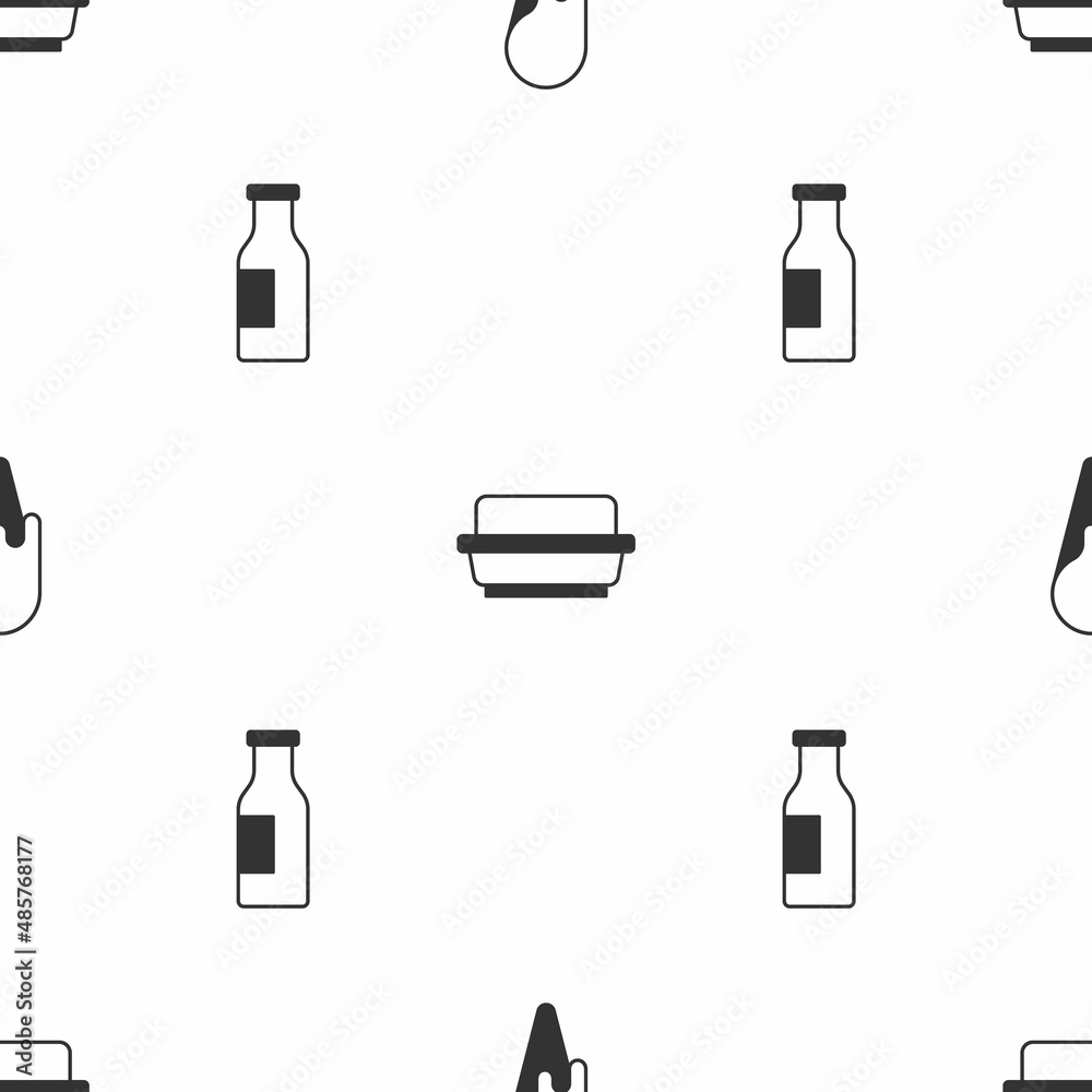 Set Ice cream in waffle cone, Butter butter dish and Bottle with milk on seamless pattern. Vector