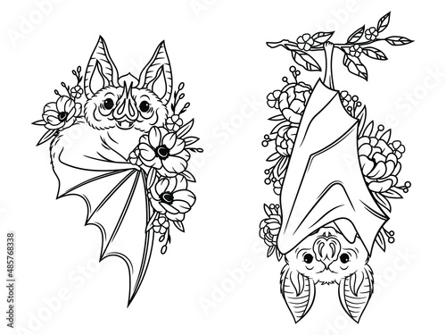 Set of floral bats. Collection of funny hanging bats with flower.  Happy Halloween. Drawing of night creatures. Vector illustration of flying vampire bat on white background. Tattoo.