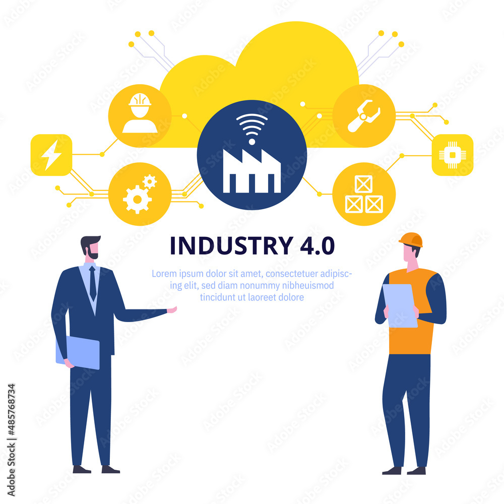 Vector banner of Smart Industry 4.0 concept. Engineers work remotely in automated production with wireless control and robot technologies. Poster design with character illustration on white background Vector banner of Smart Industry 4.0 concept. Engineers work remotely in automated production with wireless control and robot technologies. Poster design with character illustration on white background