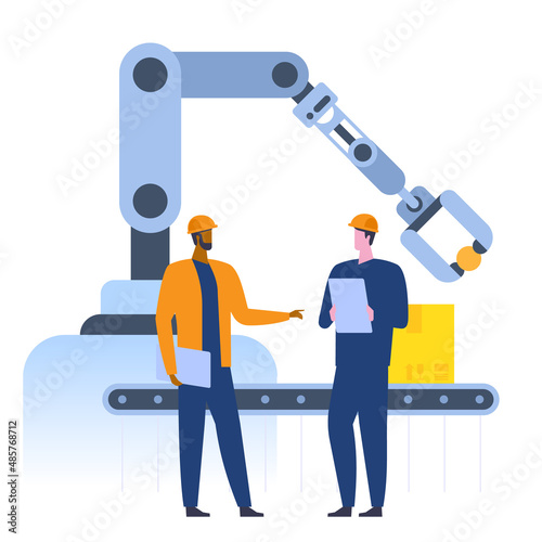 Automation production line with robot technologies. Smart industry concept. Engineers in helmets monitor work in production shop with robotic arm. Vector character illustration isolated on background