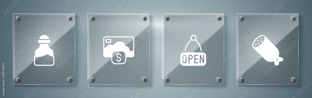 Set Salami sausage, Hanging sign with Open, Credit card and Spice can. Square glass panels. Vector Set Salami sausage, Hanging sign with Open, Credit card and Spice can. Square glass panels. Vector