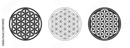 Flower of life symbol set. Sacred geometry shape. Overlapping circles grid. Symbol of creation and unity. Figure representing the cycle of life. Seed of life sign. Group of three objects. Vector.