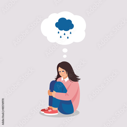 Sad tired girl suffers of depressive disorder, stress, tears. Vector illustration of mental problems