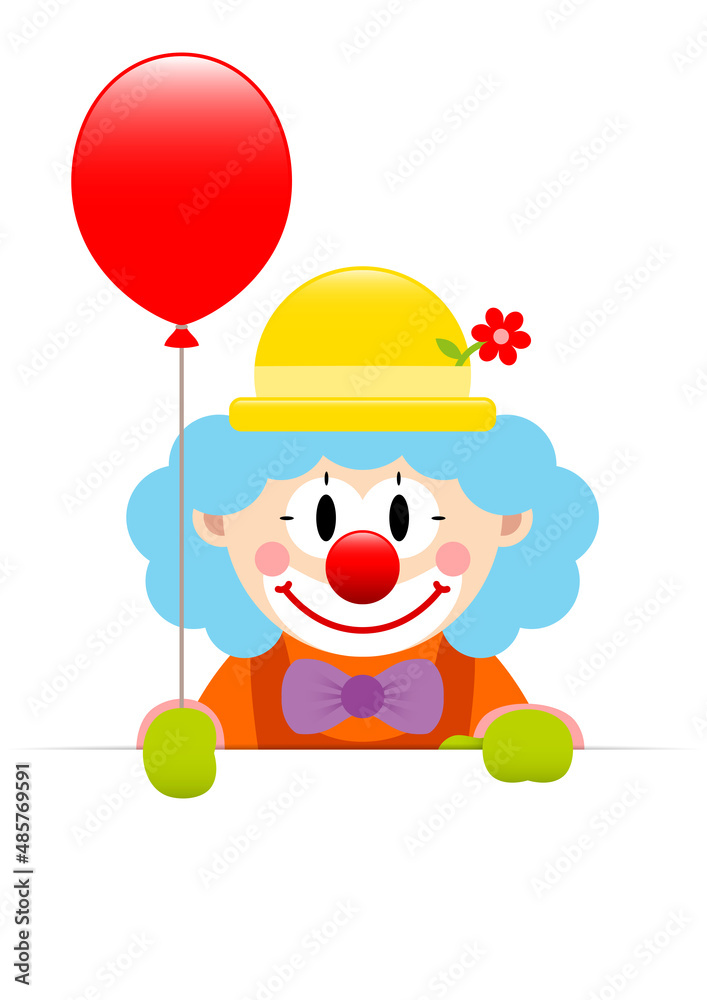 Clown Blaue Haare Hält Roten Luftballon Banner