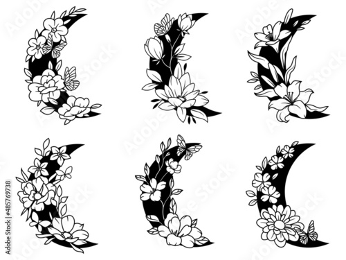 Set of floral crescent moon. Collection of silhouettes decorative beautiful flower arrangements. Botany. Vector illustration for trendy t-shirt design.Tattoo.