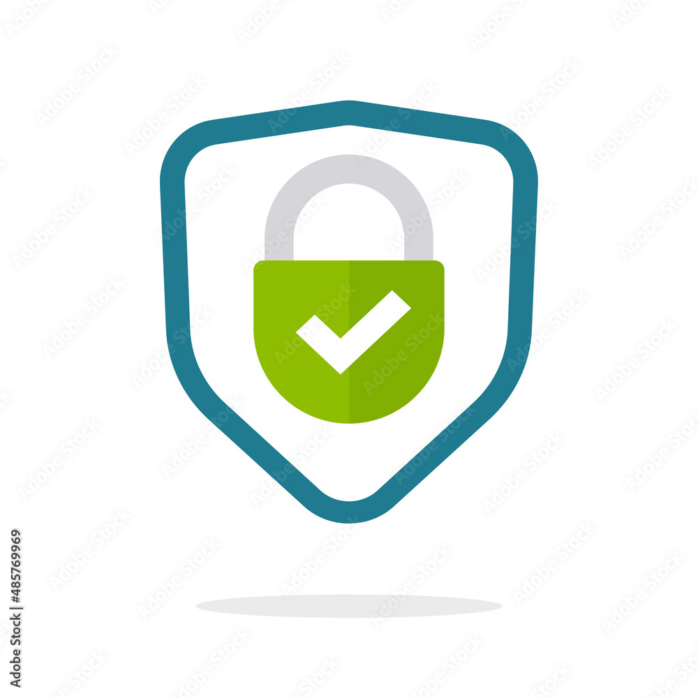 Secure lock and shield icon vector for antivirus security access flat cartoon or internet file digital guard protection logo symbol, safety encryption check mark badge for anti virus sign on white Secure lock and shield icon vector for antivirus security access flat cartoon or internet file digital guard protection logo symbol, safety encryption check mark badge for anti virus sign on white
