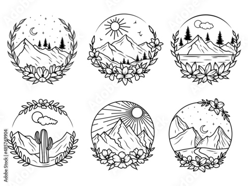 Set of mountain landscape with flower wreath. Collection of wild nature frame with lake, moon, rocks, sunset. Tourism. Vector illustration of hiking on a white background.
