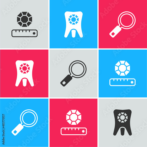 Set Gem stone, Tooth with diamond and Magnifying glass icon. Vector