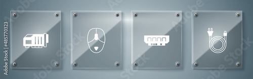 Set Electric plug, RAM, random access memory, Computer mouse and Video graphic card. Square glass panels. Vector