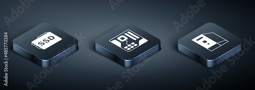 Set Isometric SSD card, Case of computer and Motherboard digital chip icon. Vector