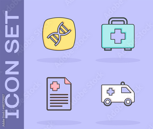 Set Ambulance car, DNA symbol, Patient record and First aid kit icon. Vector