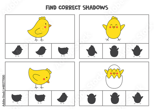 Find correct shadow of Easter chickens. Printable clip card games for children.