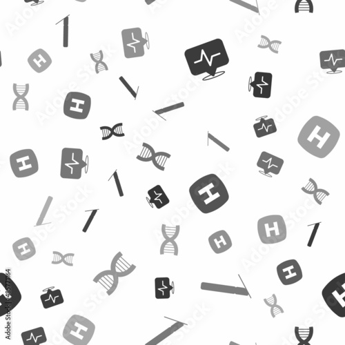 Set Heart rate, Surgery scalpel, Hospital signboard and DNA symbol on seamless pattern. Vector