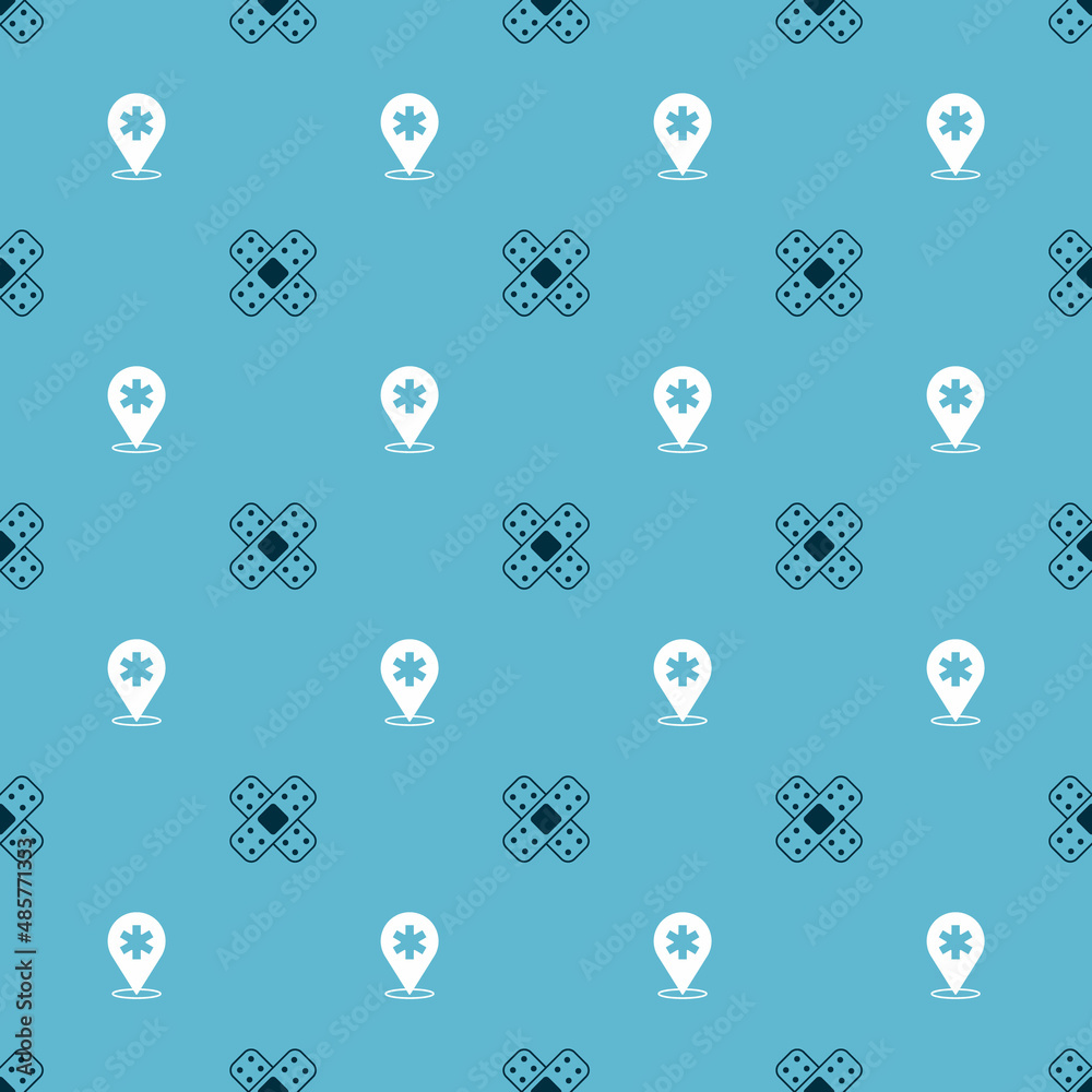 Set Crossed bandage plaster and Location hospital on seamless pattern. Vector Set Crossed bandage plaster and Location hospital on seamless pattern. Vector