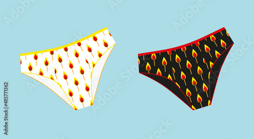 Set of trendy women's panties with a pattern of burning matches. Underwear isolated on a blue background. Flat cartoon colorful vector illustration. Perfect for a store, card, prints, design, stories.