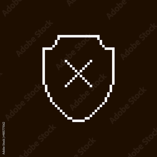 monochrome simple vector flat pixel art illustration of white shield with cancel cross symbol on black background
