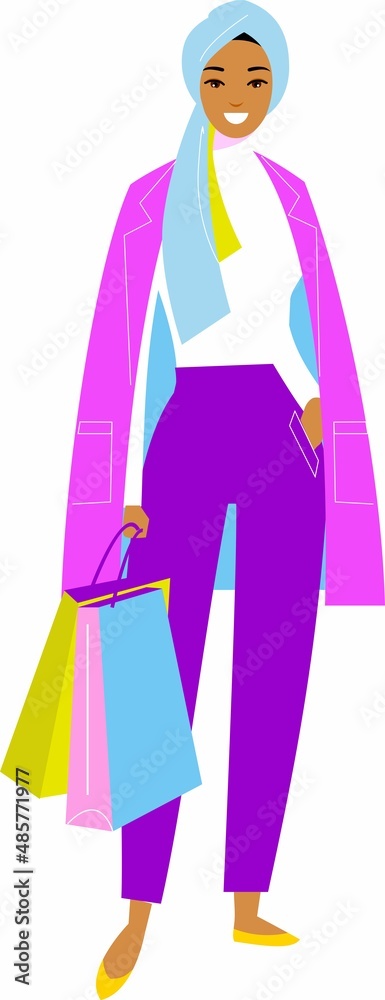 Illustration Arab Woman in Hijab with Shopping Bags. Modern fashion woman in hijab Illustration Arab Woman in Hijab with Bags. Illustration Arab Woman in Hijab with Shopping Bags. Modern fashion woman in hijab Illustration Arab Woman in Hijab with Bags.