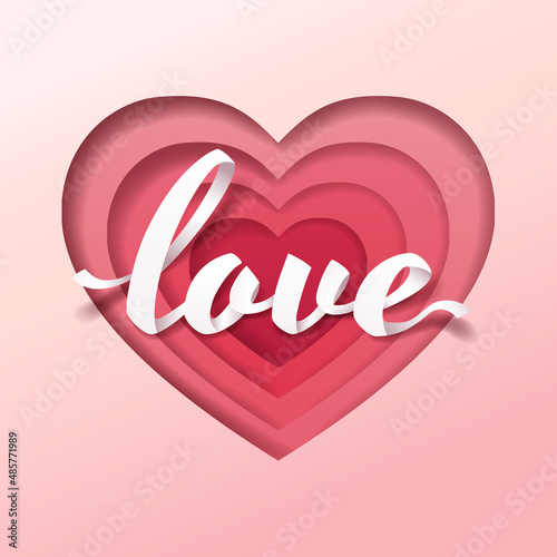 Paper art of white calligraphy lettering love on red pink heart shape overlapping