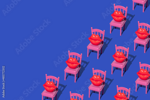 Fotografie, Obraz Valentines day creative pattern with red lips figurines on pink restaurant chairs on bright blue background
