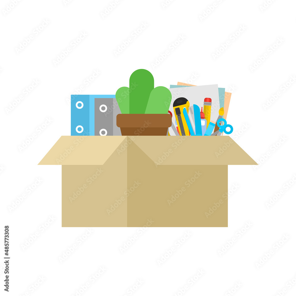 Dismissal box isolated. Cardboard box with office items. Dismissal box isolated. Cardboard box with office items.