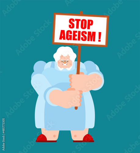 Stop ageism seniors with placard. Retirees Against Age Discrimination