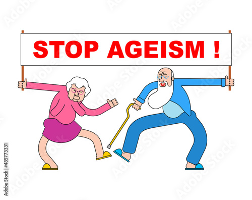 Stop ageism seniors with placard. Retirees Against Age Discrimination