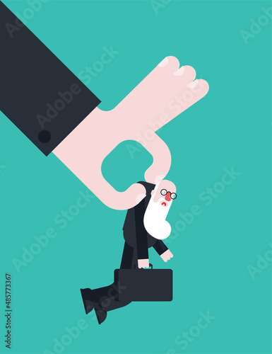 Ageism Age discrimination. The boss fires the grandfather. Fire the old man. Dismissal of a pensioner concept