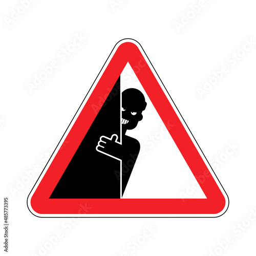 Attention Stalking. Warning red road sign. Caution man is watching and peeping