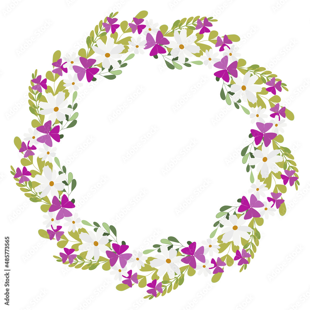 Floral frame and wreath with wildflowers and greenery.