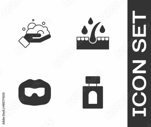 Set Aftershave, Shaving foam on hand, Mustache beard and Oil for hair care treatment icon. Vector